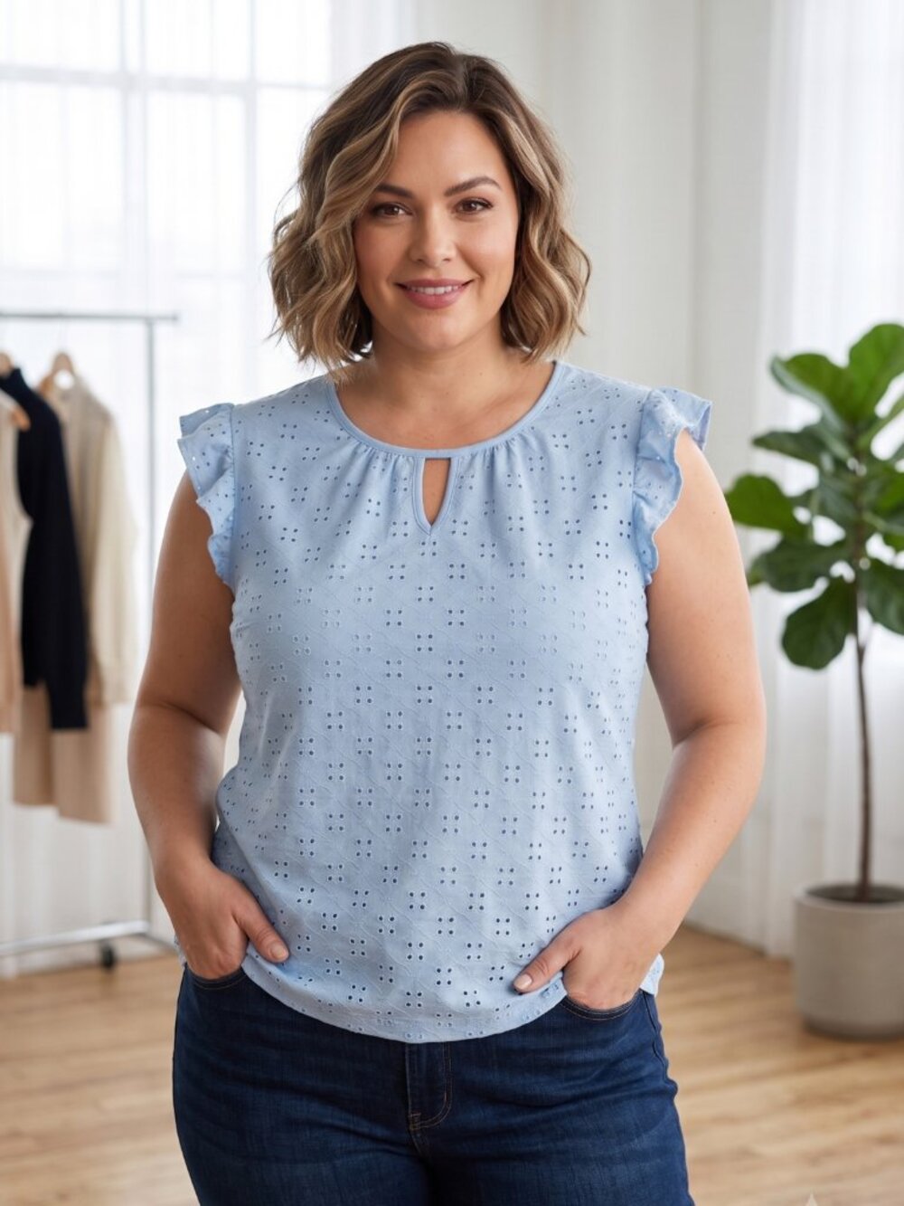 NWT Evaless Light Powder Blue Flutter Sleeve Keyhole Eyelet Blouse Top XL